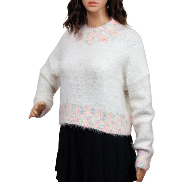 Free People Cream Multicolor Trim Cozy Knit Sweater, XS Slouchy Boho Pullover - Picture 1 of 6